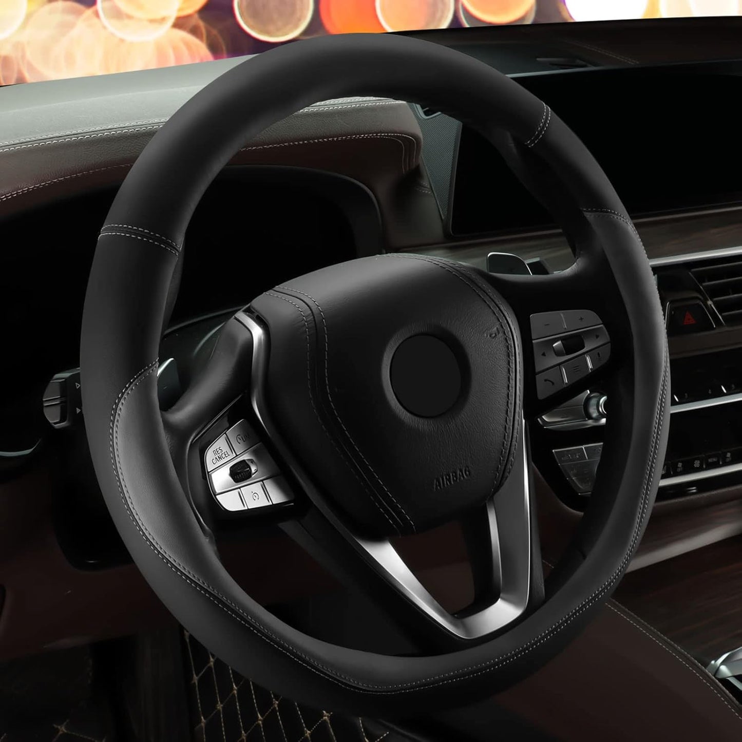 HOTOR Car Steering Wheel Cover - Universal Car Accessory for Diverse Cars, Durable Leather Cover with Anti-Slip Lining, for Steering Wheel with a Diameter of 14.5"-15",Gray