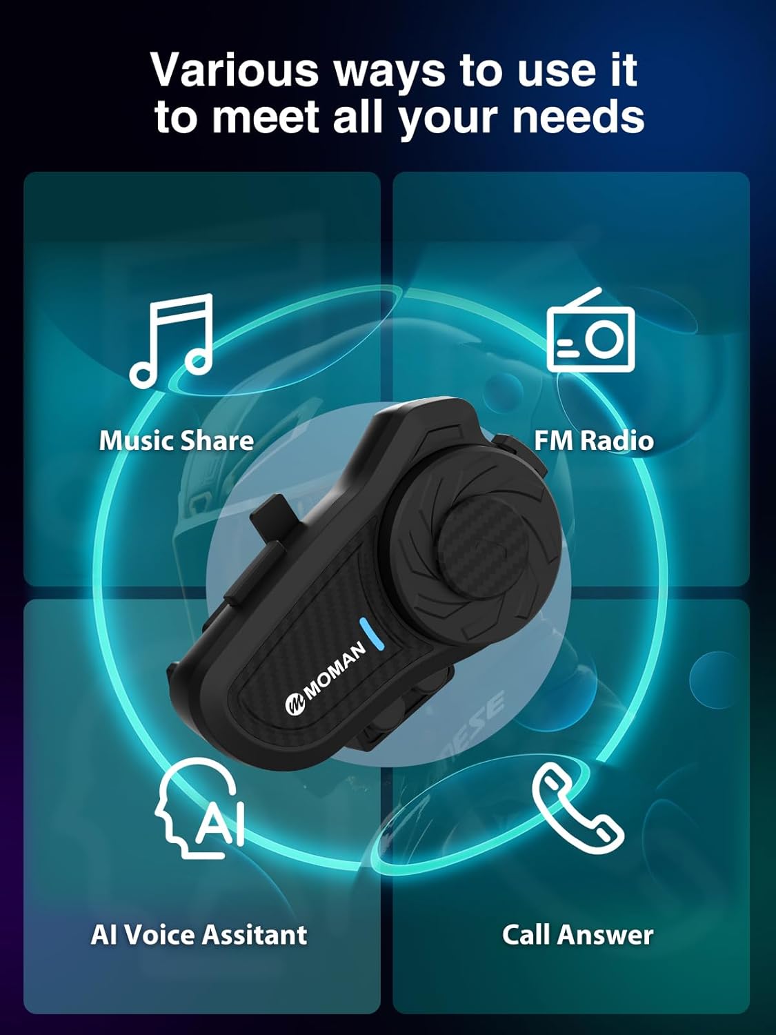 Moman Motorcycle Intercom, H2 Pro【2 Pack Carbon】 Helmet Headset Wireless Communication System to 1000M with DSP&CVC Noise Cancellation IP65 Waterproof FM, Motorcycle-Intercom-Headset-Helmet-Motobike