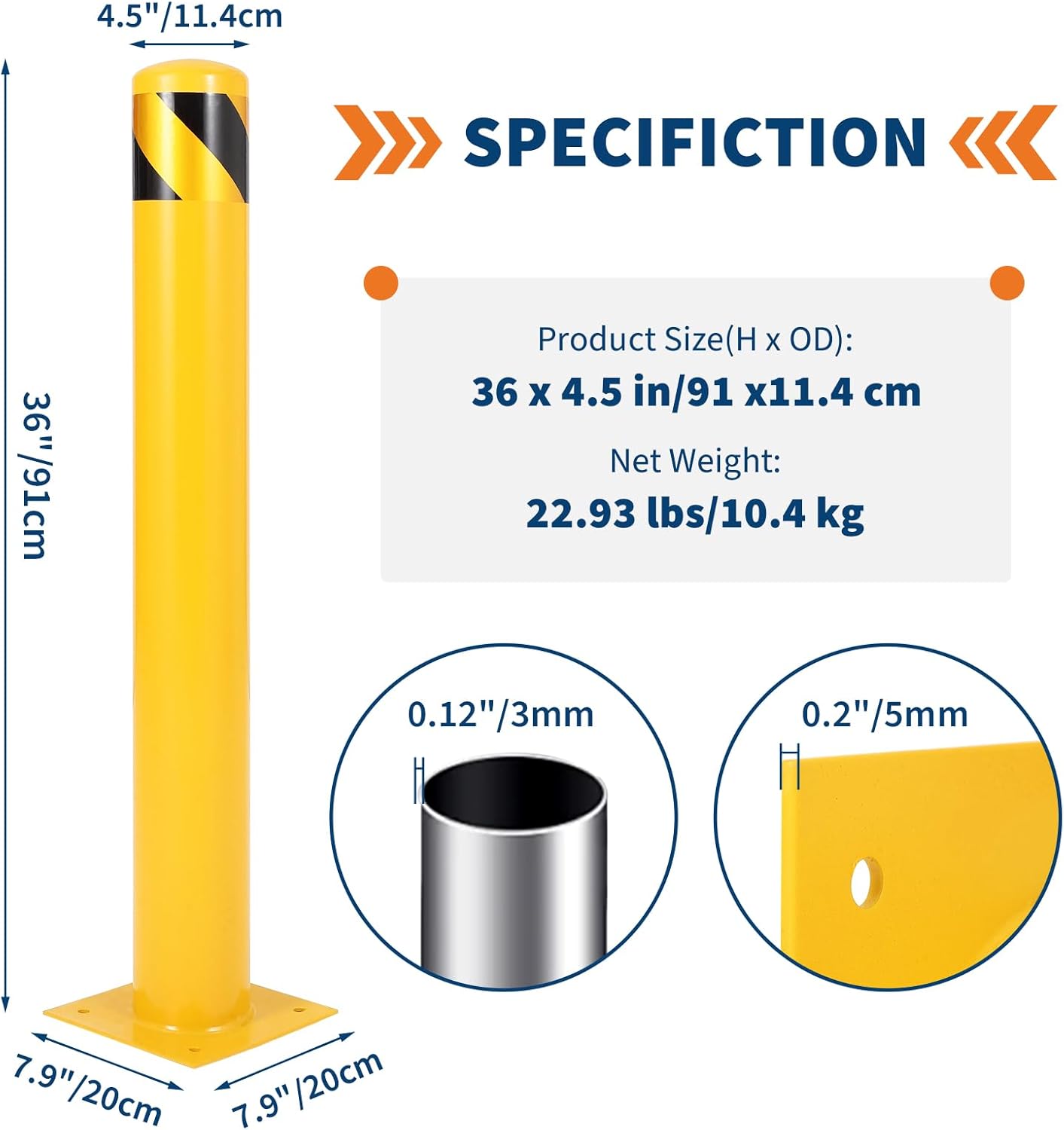 4.5x36 Inch Safety Bollard Post - Yellow Steel Bollard with Anchor Bolts (4-Pack) for Parking Lots, Walkways & Traffic Areas