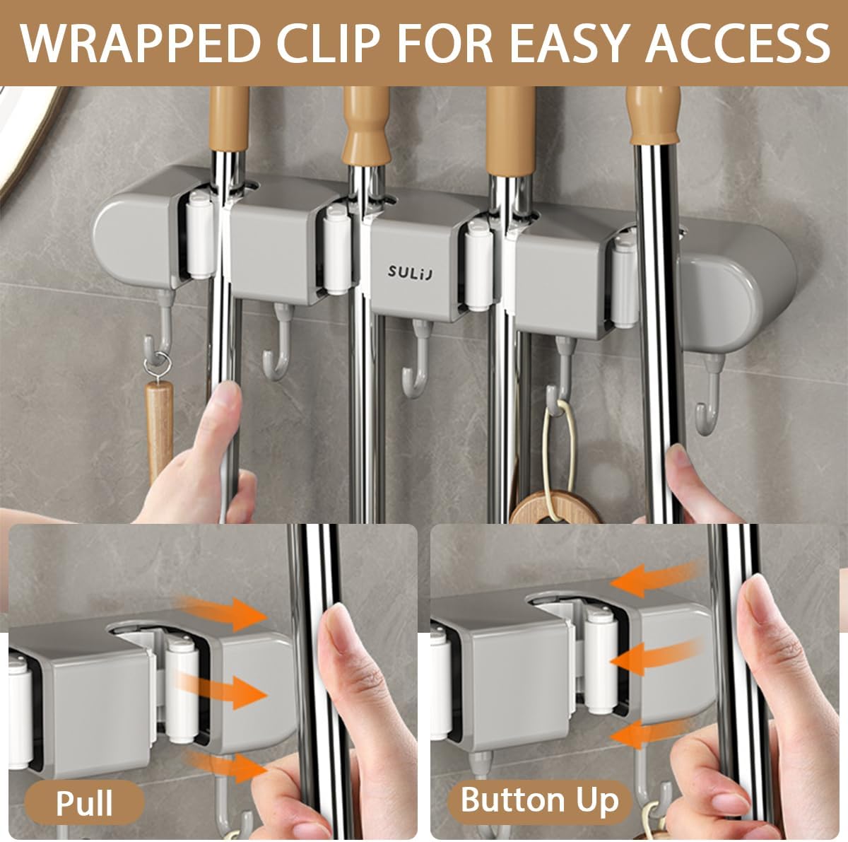 3PCS Broom Mop Holder with Hooks Wall Mounted Broom Storage Rack No Drilling Self-Adhesive Mop Broom Organizer Mop Holder Hanger for Bathroom Office Kitchen Closet Garage,Grey (3)