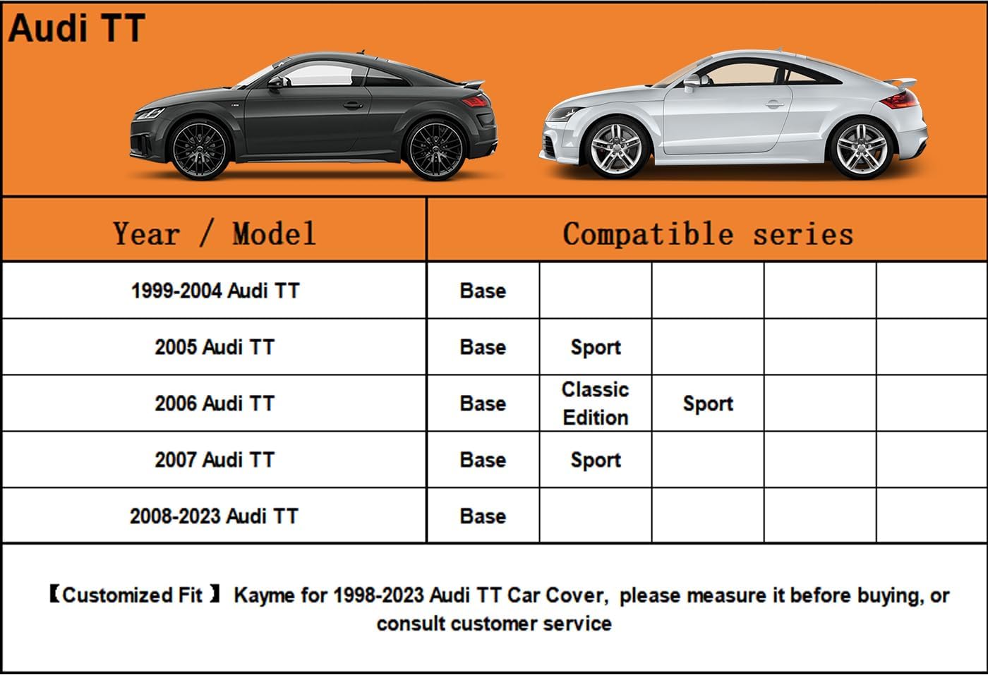 Kayme 6 Layers Car Cover Custom Fit for Audi TT (1998-2025) Waterproof All Weather for Automobiles, Outdoor Full Cover Rain Sun UV Protection.Silver