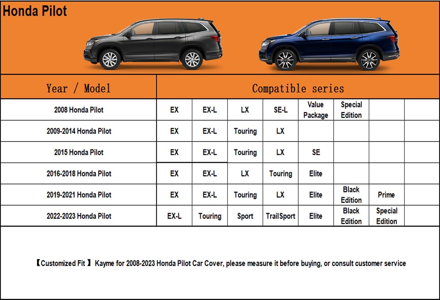 Kayme 6 Layers SUV Car Cover Custom Fit for Honda Pilot (2008-2025) Waterproof All Weather for Automobiles, Outdoor Full Cover Rain Sun UV Protection.Silver