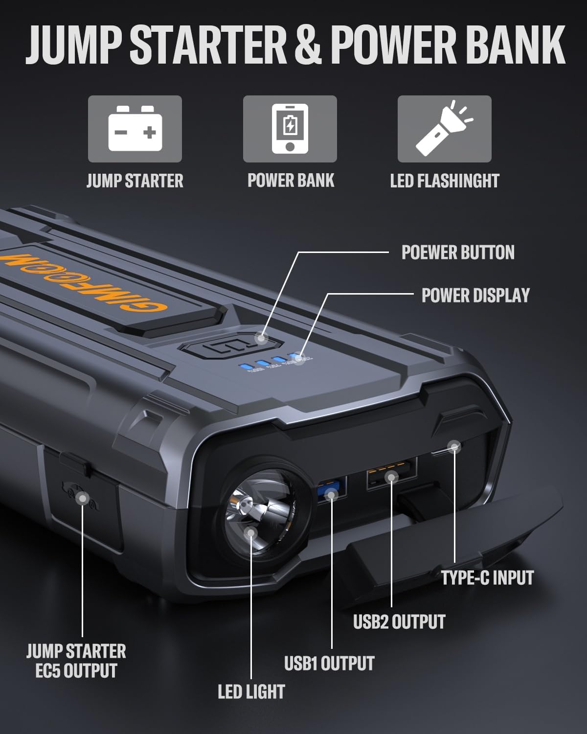 Car Jump Starter, 3000A Jump Starter Battery Pack for Up to 9.0L Gas or 7.5L Diesel Engine, 12V Car Battery Jump Starter, Jump Box with LED Light, Storage Case, and Dual USB Output.