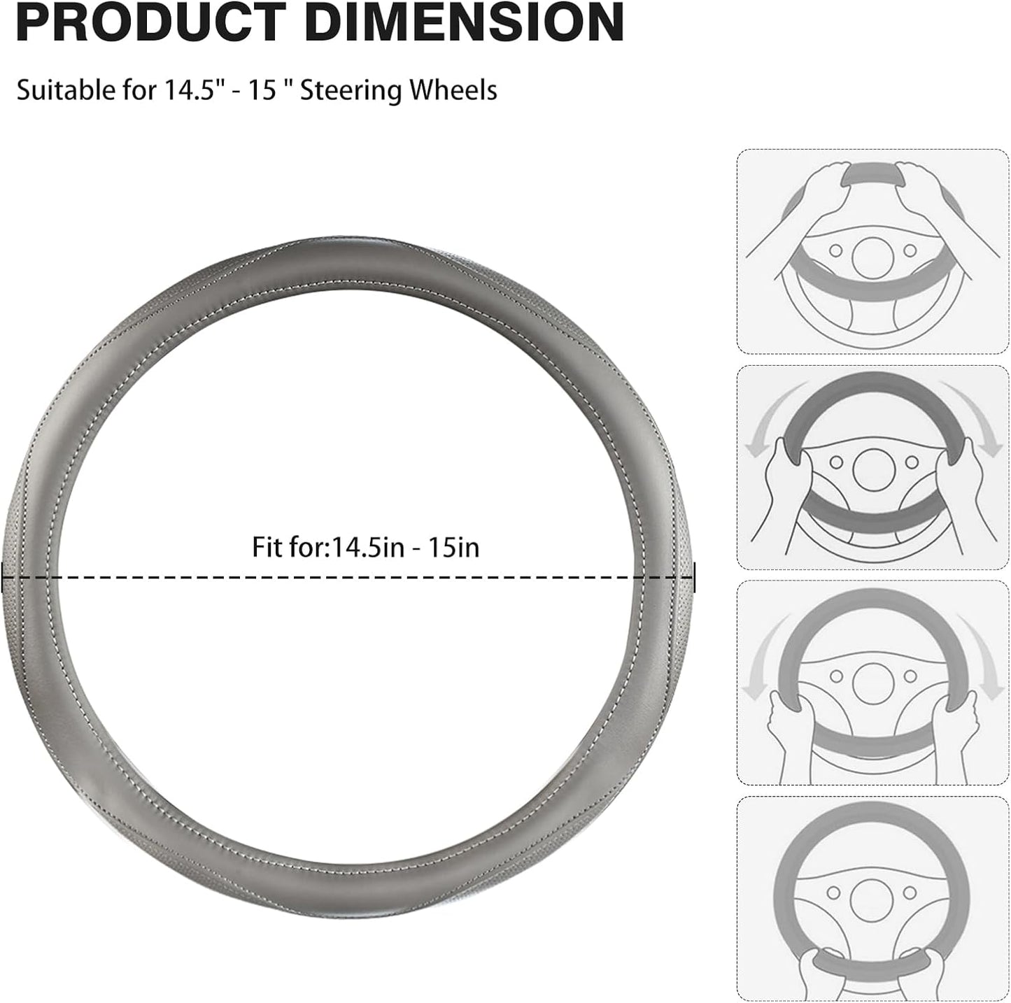 High-Grade Gray Genuine Leather Steering Wheel Cover for Men Women,Real Cowhide Leather Steering Wheel Cover for Cars,Universal 14.5-15 inch Steering Wheels