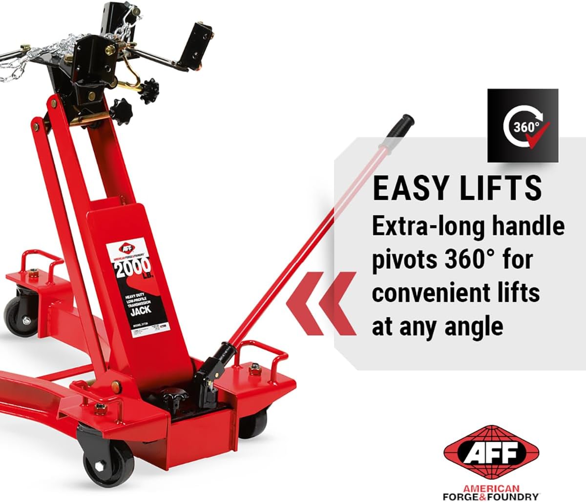 AFF Low Profile Manual Hydraulic Transmission Jack - Heavy Duty Steel Body, Adjustable Saddle with Safety Chain & 360 Handle - for Transmissions, Transfer Cases & Differentials (Multiple Capacities)