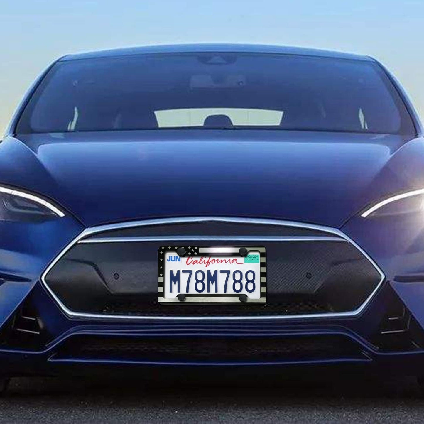 American Flag License Plate Frames - 2 Pack USA Patriotic Black Car Tag Holder, 4 Hole Brushed Aluminum Cover with Screw Caps for Vehicle Truck or SUV