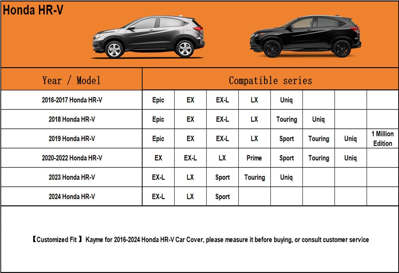 Kayme 7 Layers SUV Car Cover Custom Fit for Honda HR-V HRV (1995-2025) Waterproof All Weather for Automobiles, Outdoor Full Cover Rain Sun UV Protection.Black