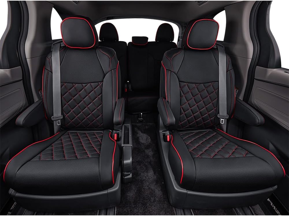 EKR Sienna Seat Covers for 2011-2020 Toyota Sienna LE,XLE, SE,XLE Premium 2nd Row 4/2/4 Split,8 Seats,Waterproof Car Seat Cover Full Set,Car Seat Protectors- Three Row,Leather(Black with Red Piping)