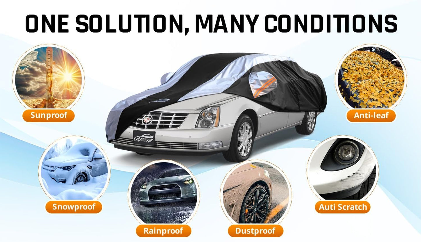 Car Cover Waterproof All Weather with Silver Strip Design, Custom Fit for DTS(2006–2011), XTS(2013-2019), CT6(2016-2020), DTS Accessory with Door Zipper & Windproof Straps