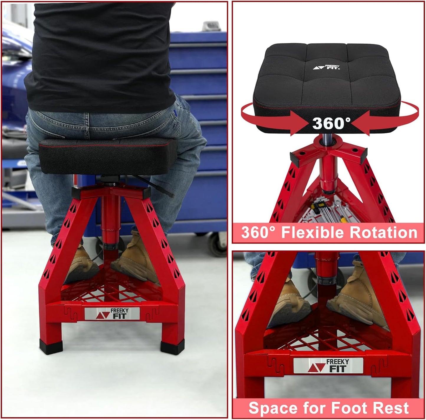 Adjustable Shop Stool,Garage Mechanic Stool Chair,Work Seat for Workshop, Adjustable Height, 360° Swivel Padded Square Seat,Tool Storage, 350 LBS Capacity, Heavy Duty, Red