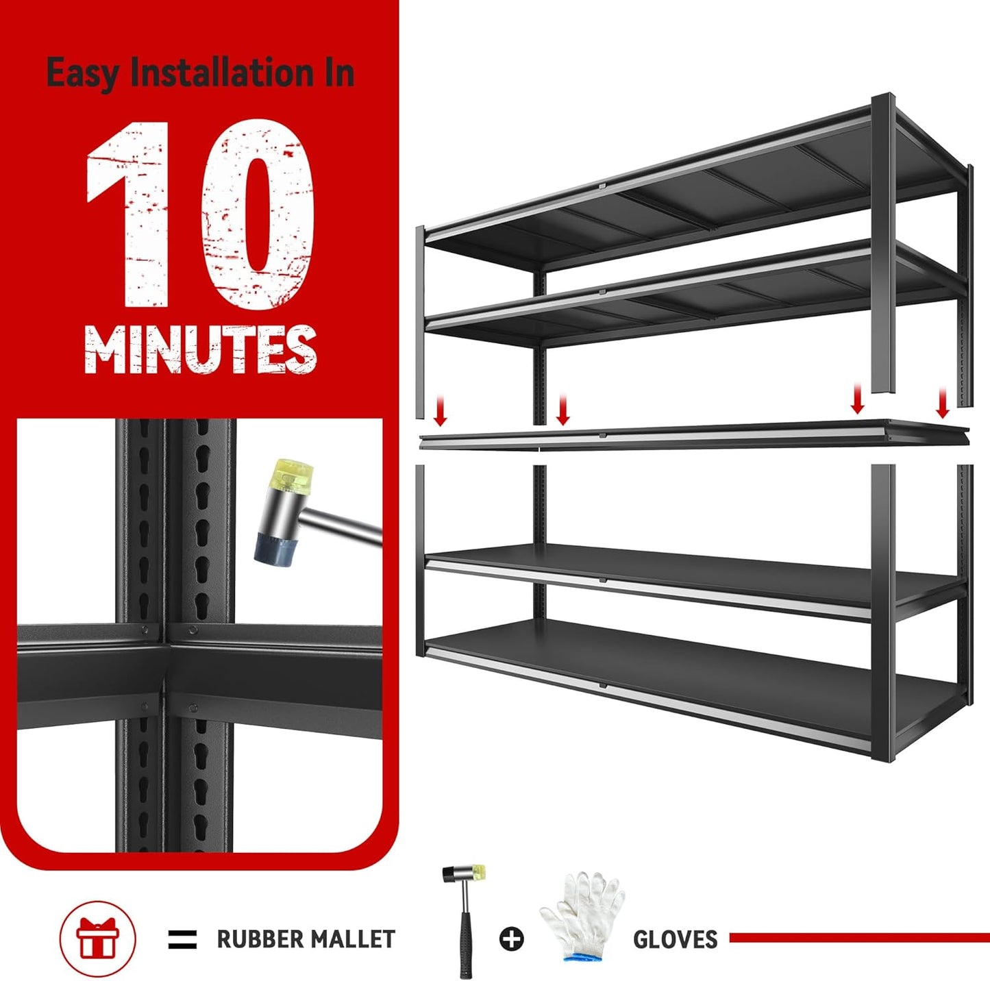 REIBII 78" H Storage Shelves, Garage Shelving Heavy Duty Load 3000LBS, Adjustable Garage Shelving, 5 Tier Metal Shelves Unit for Storage Rack, Basement, 55" W x 26" D x 78" H, Black, 2 Pack