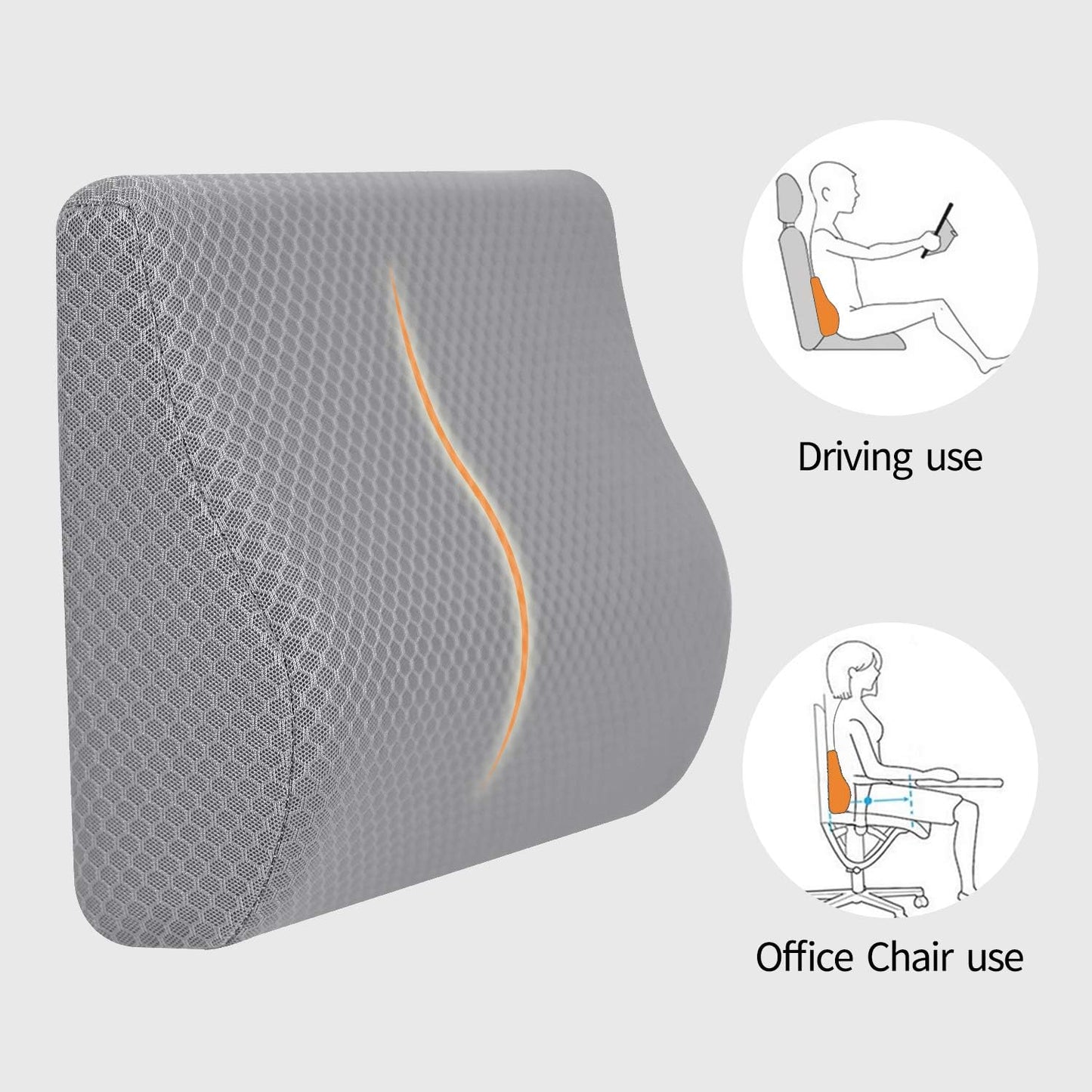 Memory Foam Lumbar Support Pillow for Car - Lower Back Support Cushion for Driving, Back Pain Relief for Car Seat, Office Chair, Wheelchair (Gray)
