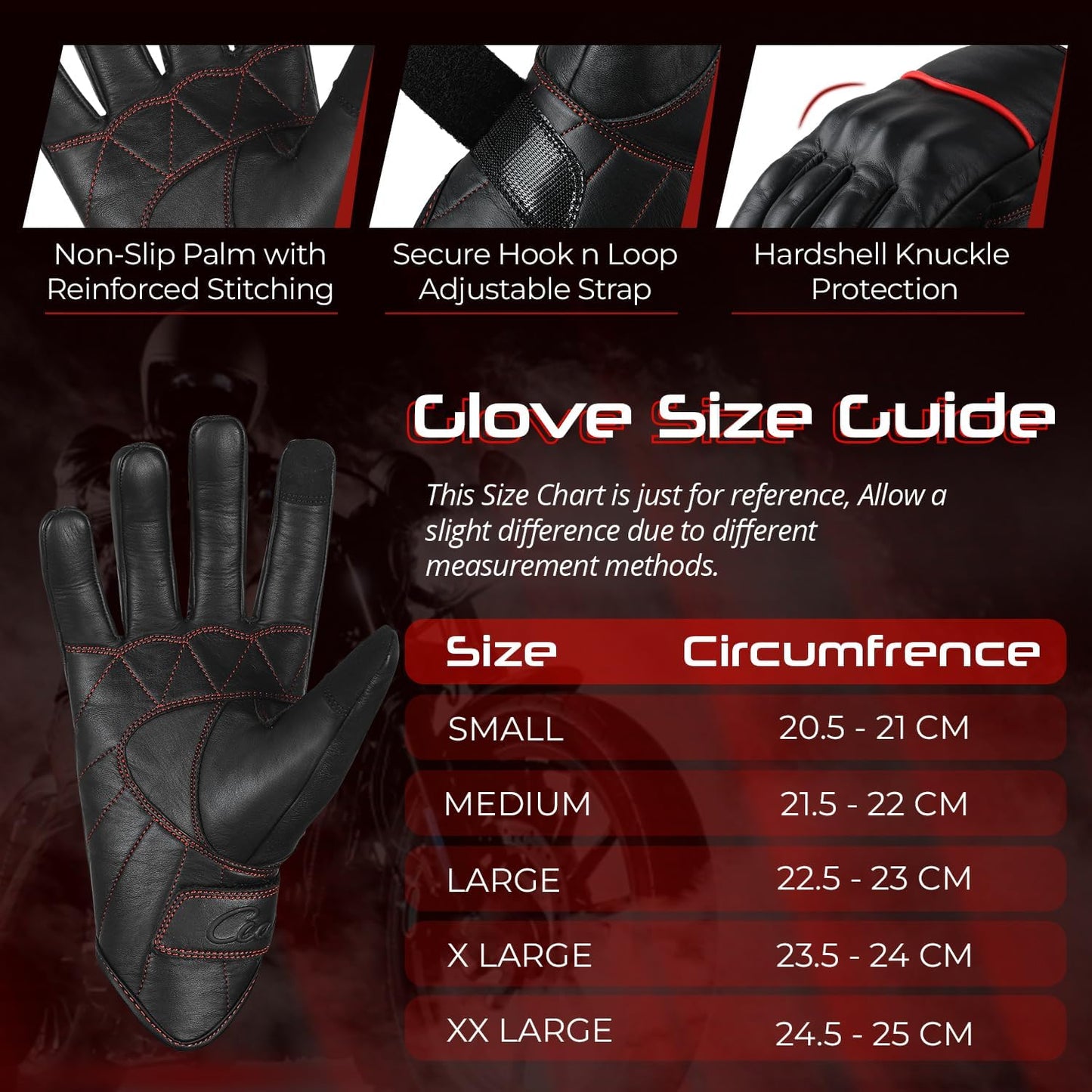 aasportx Motorcycle Gloves - Men's Leather Motorbike Gloves with Touchscreen Function - Non-Slip Pads for Men & Women