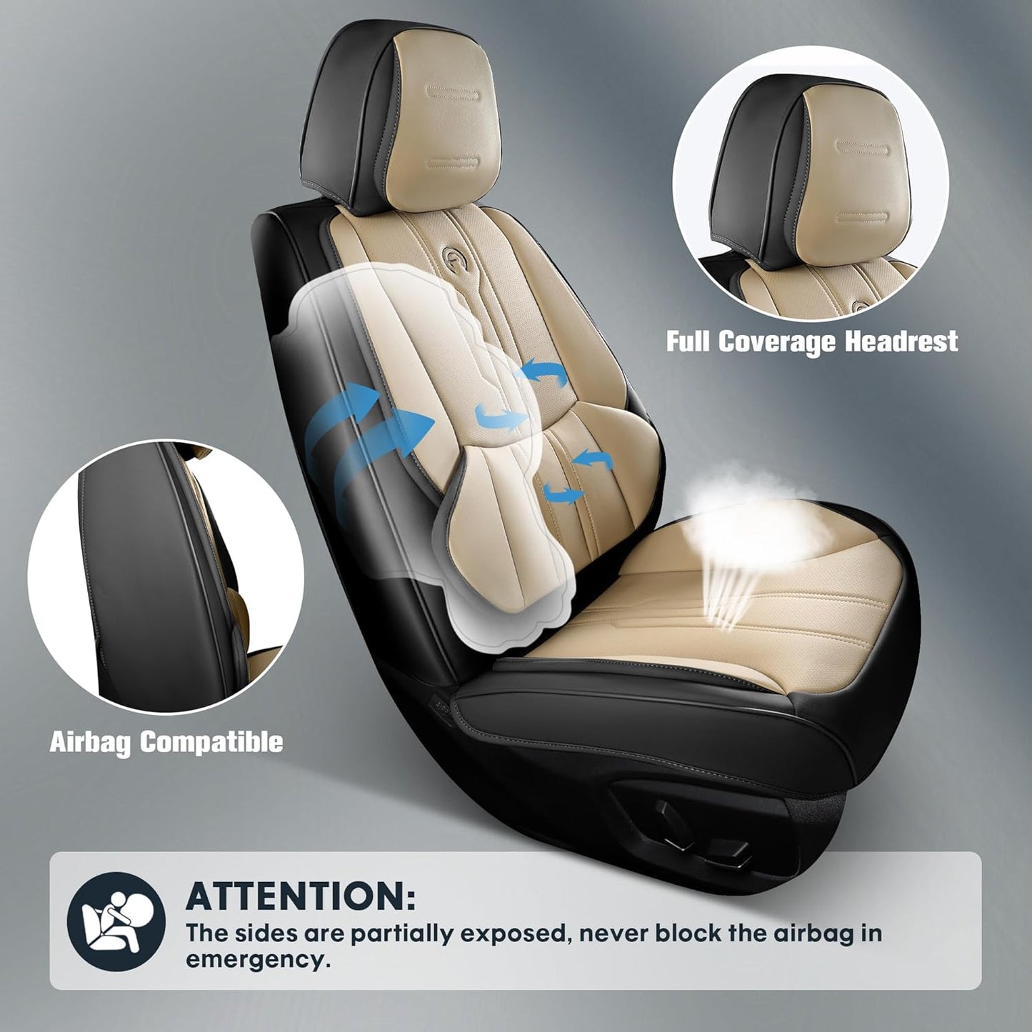 AOOG Front Seat Covers, Car Seat Covers Front Seats, Leather Seat Covers for Cars, Waterproof Seat Covers with Lumbar Support Universal Fit for Most Cars SUV Trucks(Front Pair, Beige&Black)