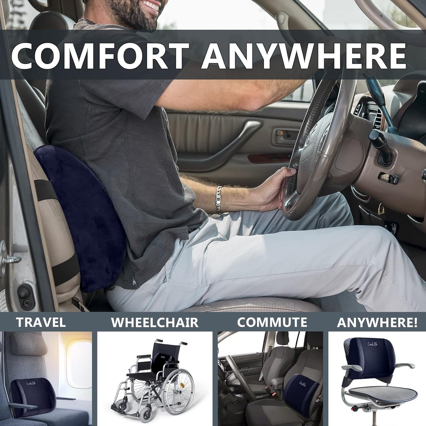 ComfiLife Lumbar Support Back Pillow Office Chair and Car Seat Cushion - Memory Foam with Adjustable Strap and Breathable 3D Mesh (Navy)