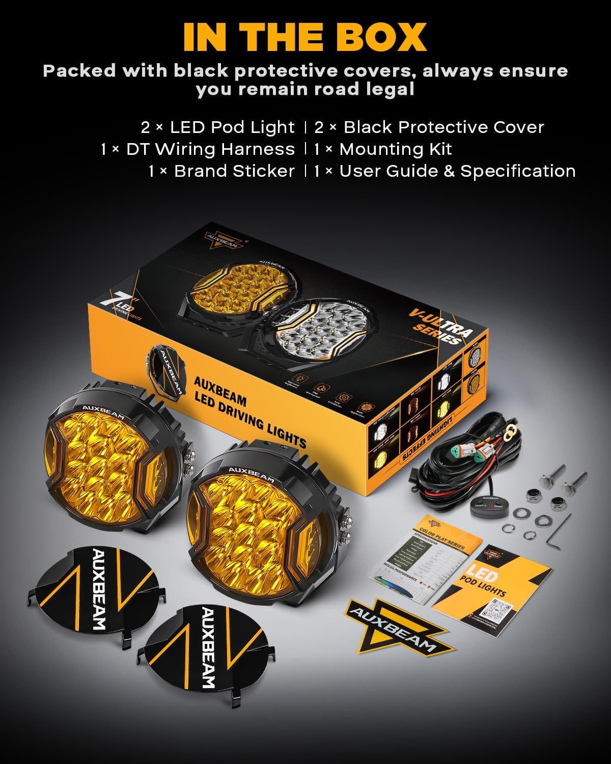 Auxbeam V-Ultra Series 7" 226W Side Shooter LED Offroad Lights, Amber DRL 3 Modes Light Bar, 270° Coverage Round LED Pods Spotlights, 26800LM Yellow Fog Lights with Protective Covers, Pair