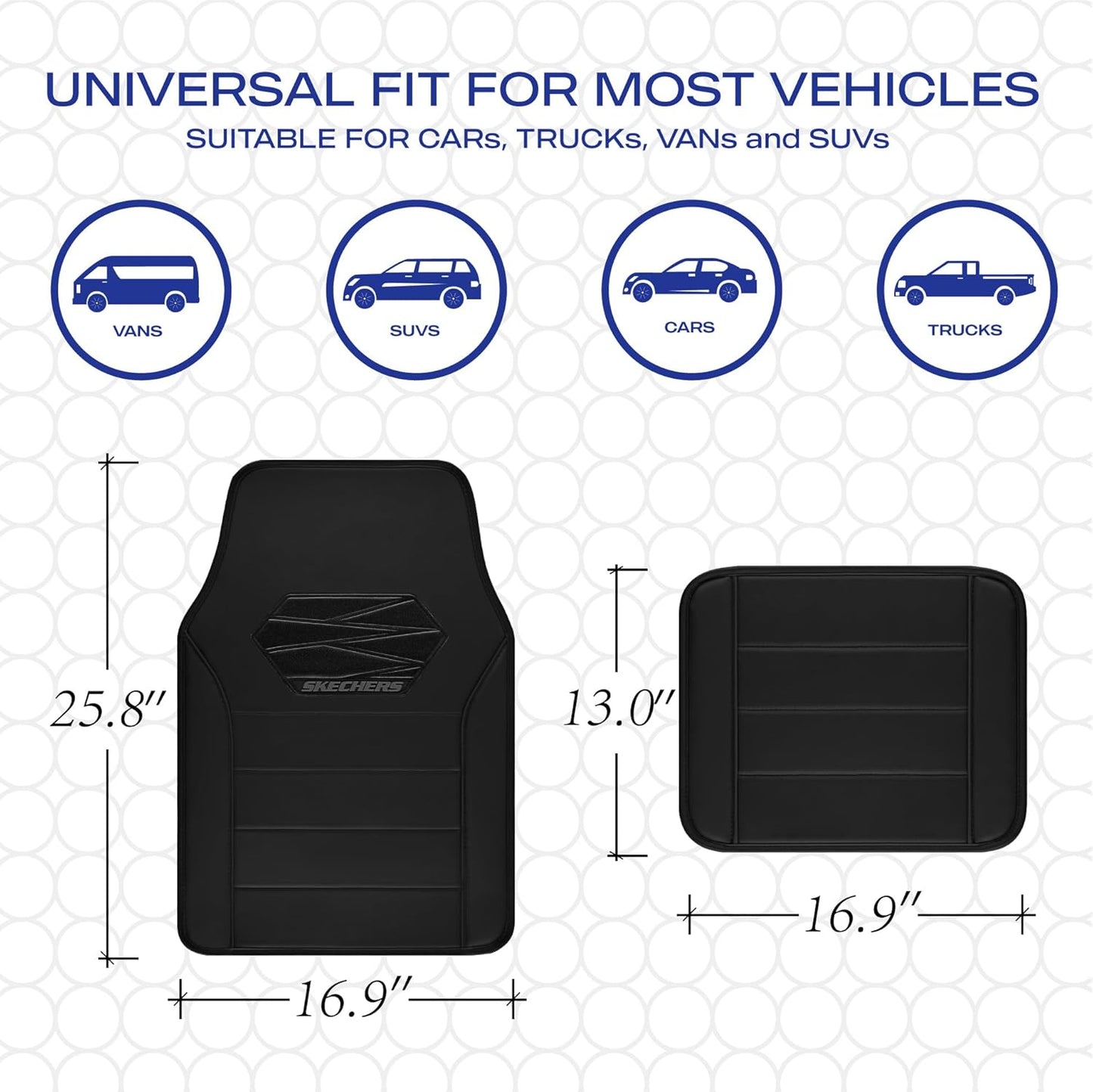 Skechers Memory Foam Car Mats, Leather Piping with Anti-Slip Pad, Universal Waterproof Fit Automotive Floor Mats for SUV, Vans, Sedans, Trucks, Full Set 4pcs Black