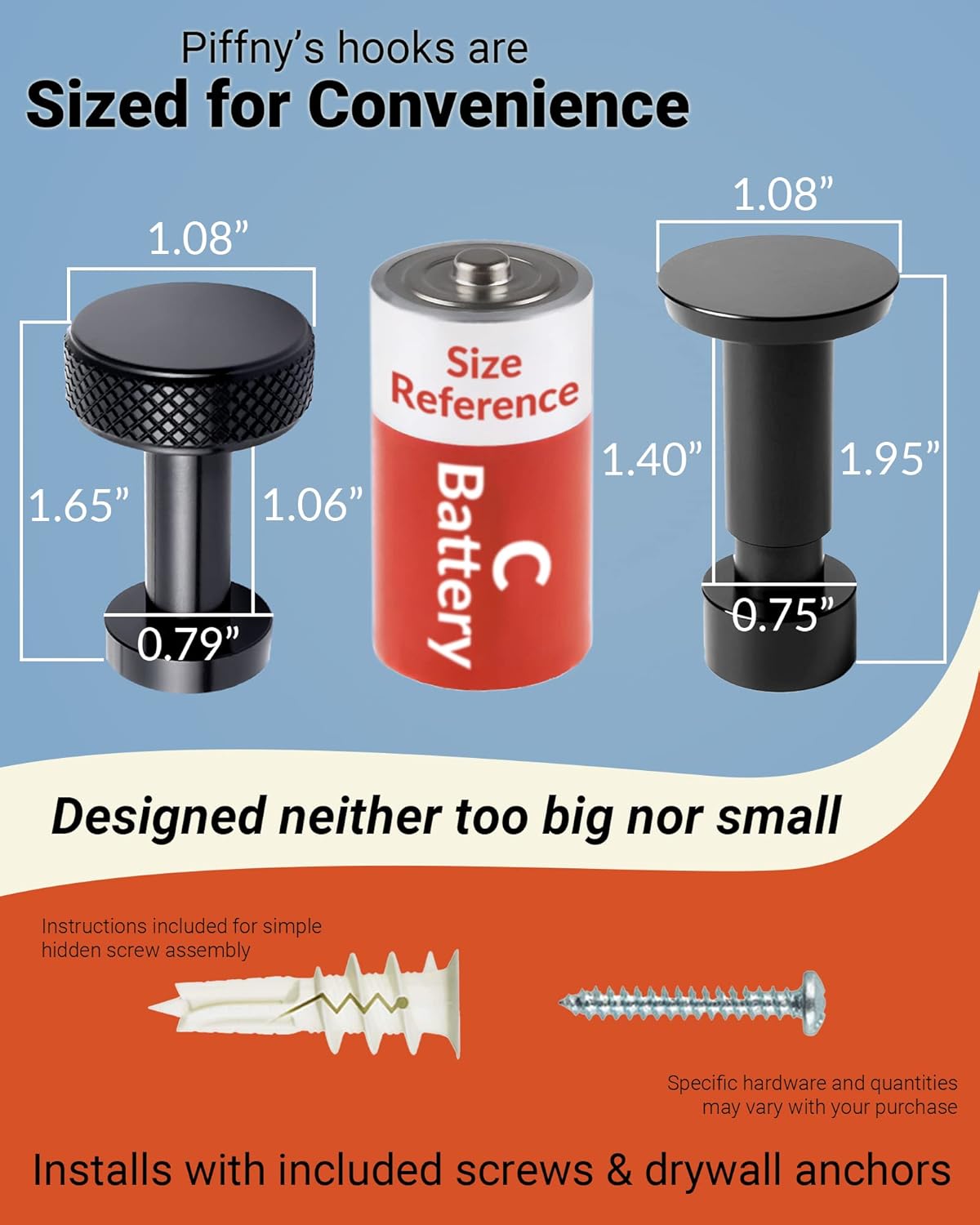 Screw Mount Round Hooks Constructed of Stainless Steel for Towels, Robes, Hats, Jackets in The Bathroom, Bedroom, Kitchen, Entry, and Backyard BBQ Pool Deck - Knurled Black, 6 Pack