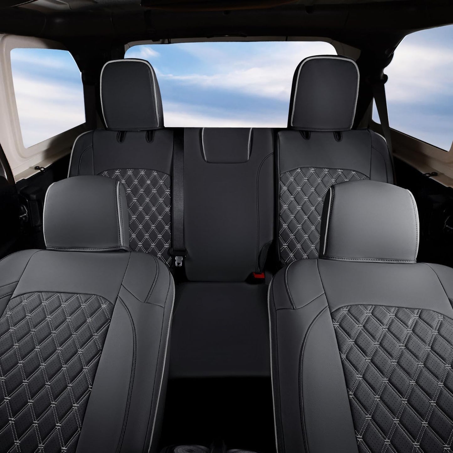 GIANT PANDA Customized Full Set Car Seat Covers for Jeep Wrangler 4 Door JL Sahara Sport Rubicon Willys 2018 2019 2020 2021 2022 2023 2024 2025 Without Rear Cup Holder,Faux Leather - (Black+Gray)