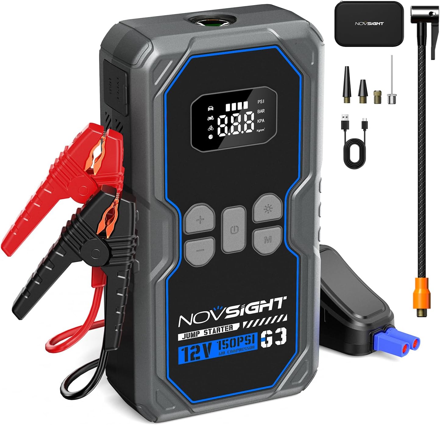 NOVSIGHT Jump Starter with Air Compressor - 6250A Portable Battery Jump Starter for Car(5L Gas/3L Diesel) 12V Car Jump Box & 150PSI Auto-Shut Tire Inflator with Carrying Case(Blue)