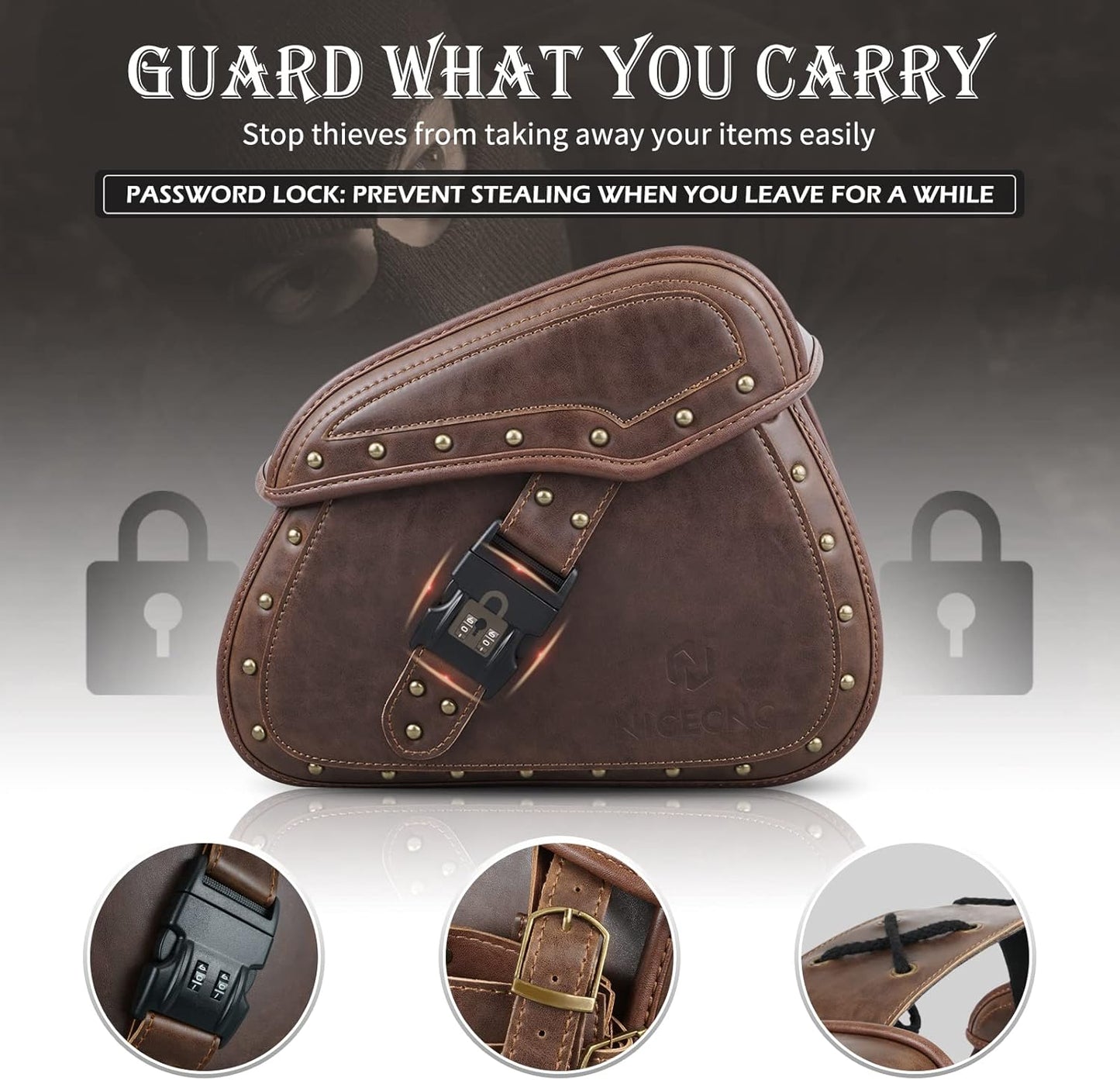 NICECNC Motorcycle Saddle Bags, PU leather Motorcycle Saddlebags, Reinforced Straps & Saddle Piece, with Cup Holder & Lock, Throw Over Saddle Bags Side Bags Universal Motorcycle Accessories, BROWN