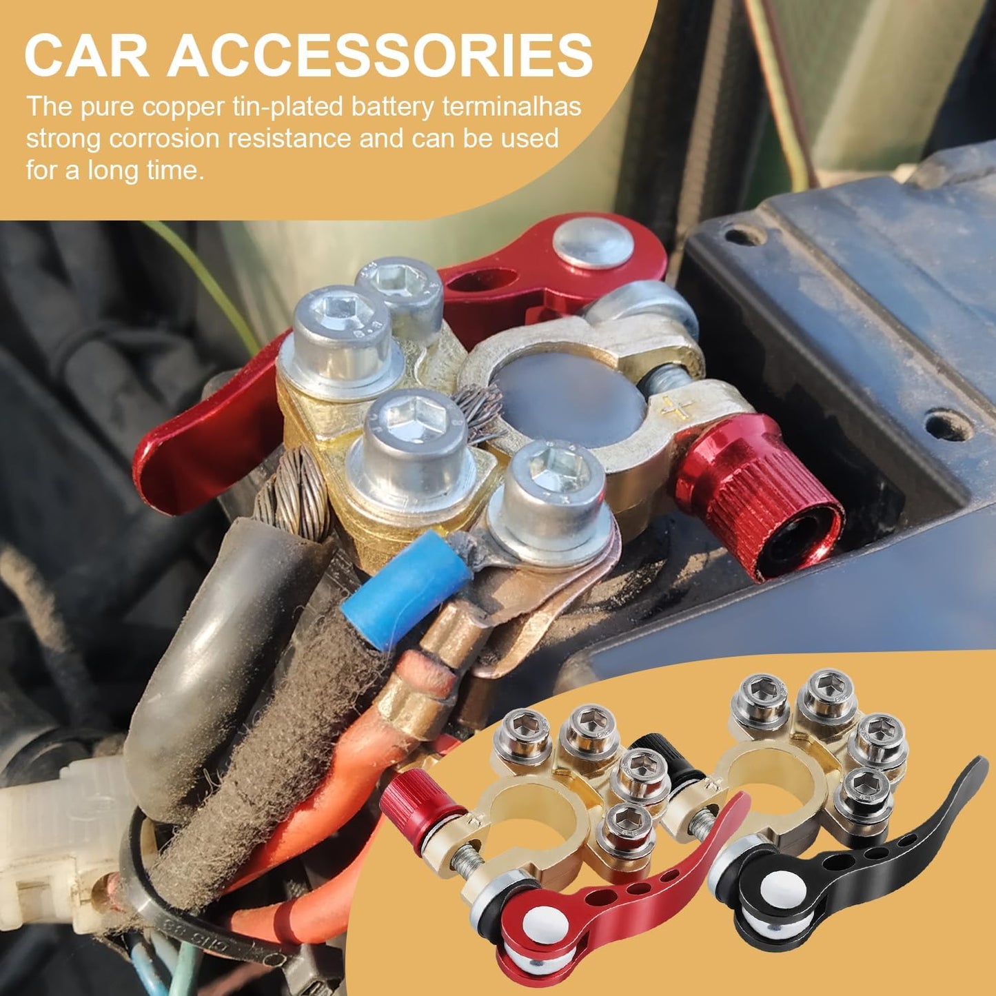 SINGARO Car Battery Terminal Connector, 4 Way Positive and Negative Pole Quick Release Terminal Clip, Applicable to SAE/JIS A Type Terminal Post, Compatible with Cars, Trucks and More(Gold-B)