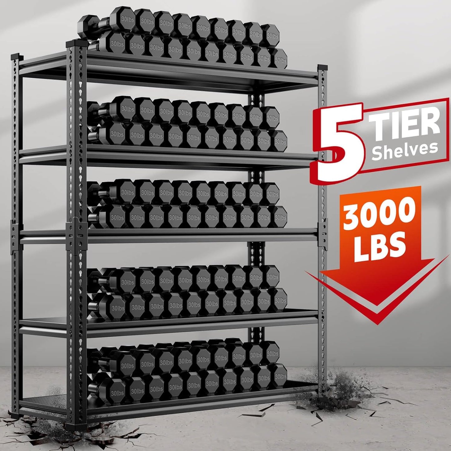 Heavy Duty Garage Shelving Unit 3000LBS, Adjustable 5-Tier Storage Rack with Boltless Design, 72" H X 45.2" W X 18.9" D Aluminum Metal Shelves for Basement, Garage & Warehouse Storage