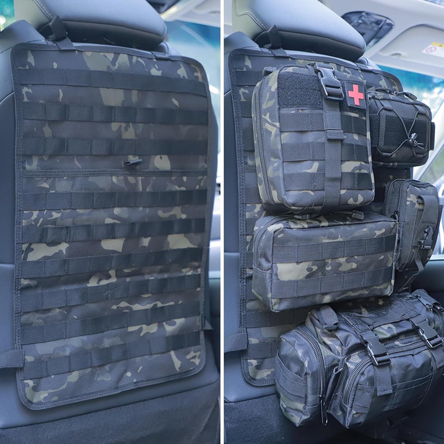 Universal Tactical Seat Back Organizer Vehicle Molle Panel Organizer Storage Bag with 5 Detachable Molle Pouch for All Vehicel Such as Jeep,Truck,SUV, Car, Ford,Chevy etc