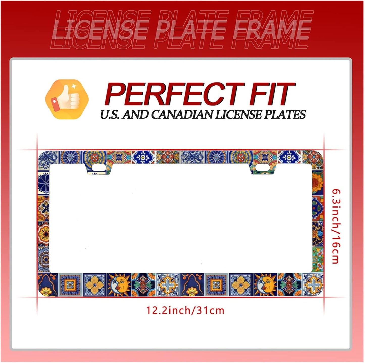 Personalise Mexican Tiles License Plate Frames Mandala Boho License Plate Frame Car Universal Stainless Steel Accessories Cars Decorative 2 Holes Screws Fits Standard US Vehicles Size 12.2 x 6 Inches