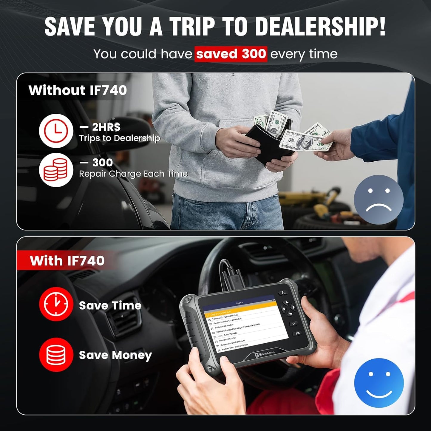 BOSSCOMM IF740 OBD2 Scanner, 4 Systems ABS/SRS/Transmission/Check Engine Code Reader Scan Tool with Oil&Throttle Resets, Car Scanner Diagnostic Tool for All Cars, Easy to Use, Lifetime Free Update