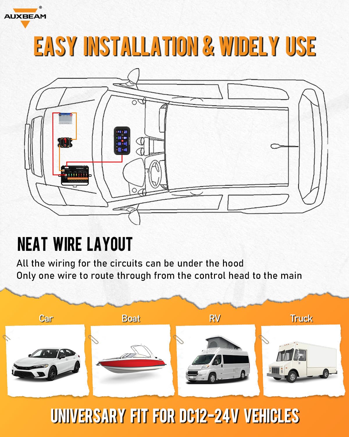 Auxbeam RC800 8 Gang Switch Panel RA84 RGB Wireless Remote Control Up to 165FT Range Automotive Switch Pod Featuring 3 Lighting Modes Backlit Off Waterproof for Car Boat Truck RV 2-Year Warranty