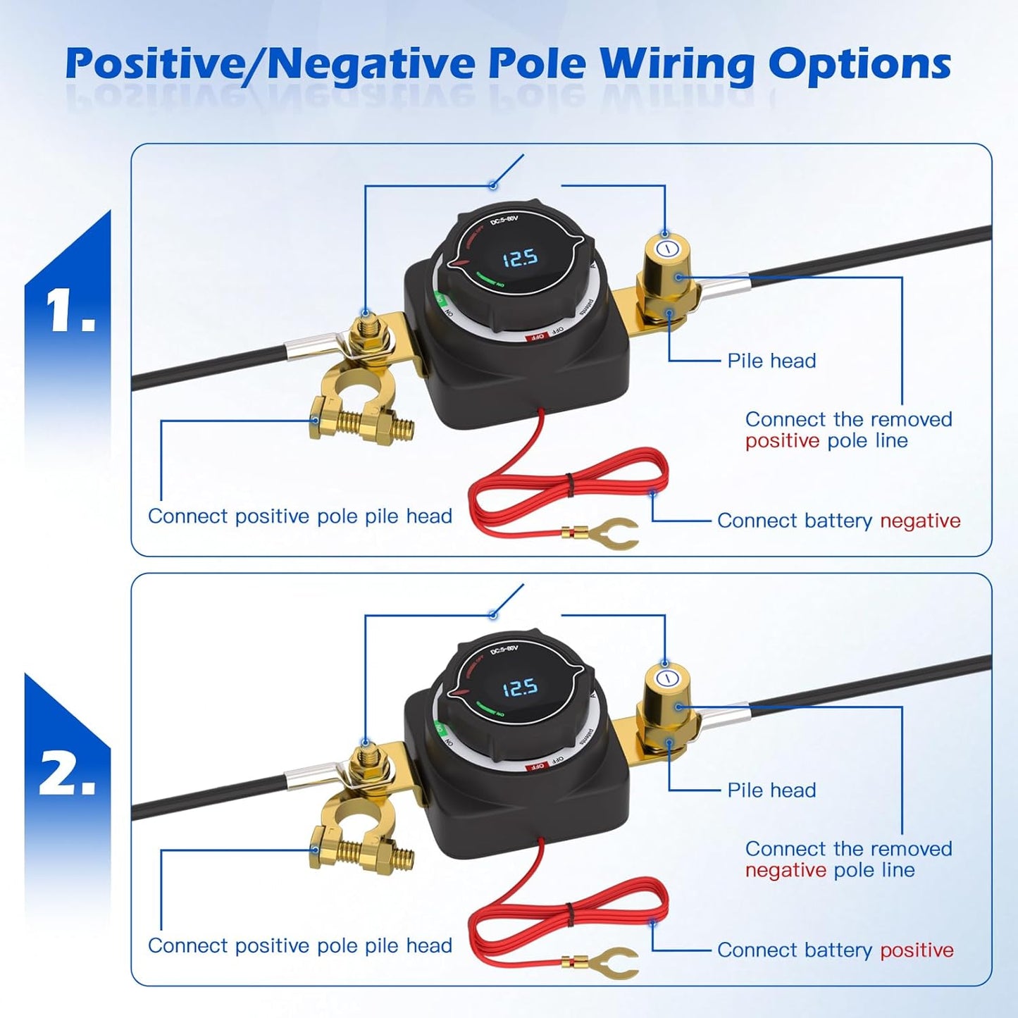 MaySpare Top Post Battery Disconnect Switch with Digital Voltage Display, DC 5-80V On Off Kill Switch, Voltmeter Power Cut Master Disconnect Isolator for Car RV Marine Boat Camper Truck Trailer