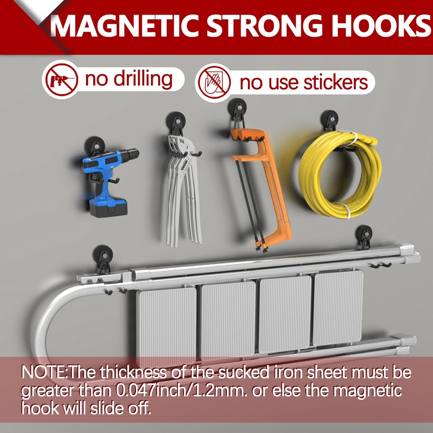 3-H Heavy Duty Magnet Garage Hooks 2 Pack, Extra Large Strong Magnetic Hooks for Hanging Cordless Power Drill, Utility Magnetic Tool Holder for Metal Cabinet, Steel Pegboard, Toolbox, Garage(Black)