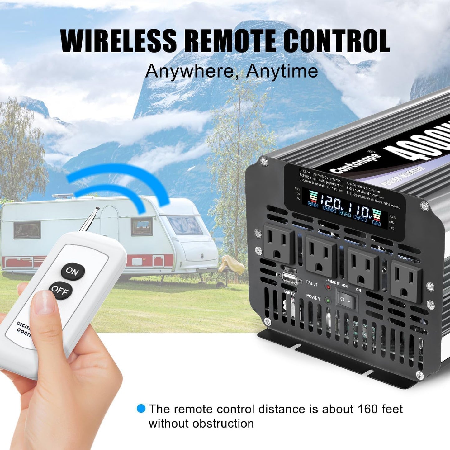 4000 Watt Power Inverter, Car Inverter 12V DC to 110V/120V AC Converter with LCD Display, 4 AC Outlets, USB Port & Remote Controller for RV, Truck, Off-Grid Solar System