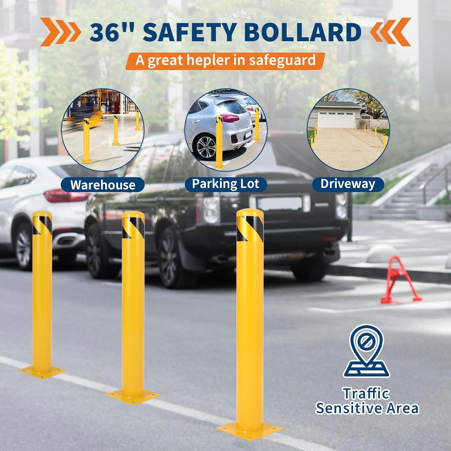 4.5x48 Inch Safety Bollard Post - Yellow Steel Bollard with Anchor Bolts (6-Pack) for Parking Lots, Walkways & Traffic Areas