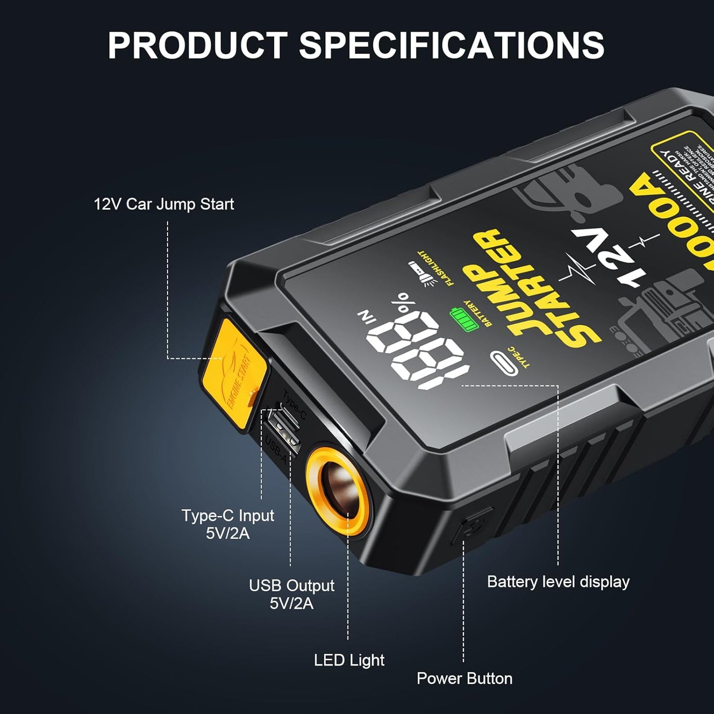 Car Battery Jump Starter with 4000A Peak Smart Clip LCD Display and 3 Modes Flashlight for Up to All Gas and 10.0L Diesel Engine 12V Auto Battery Booster Jumper Cables Portable Lithium Jump Box