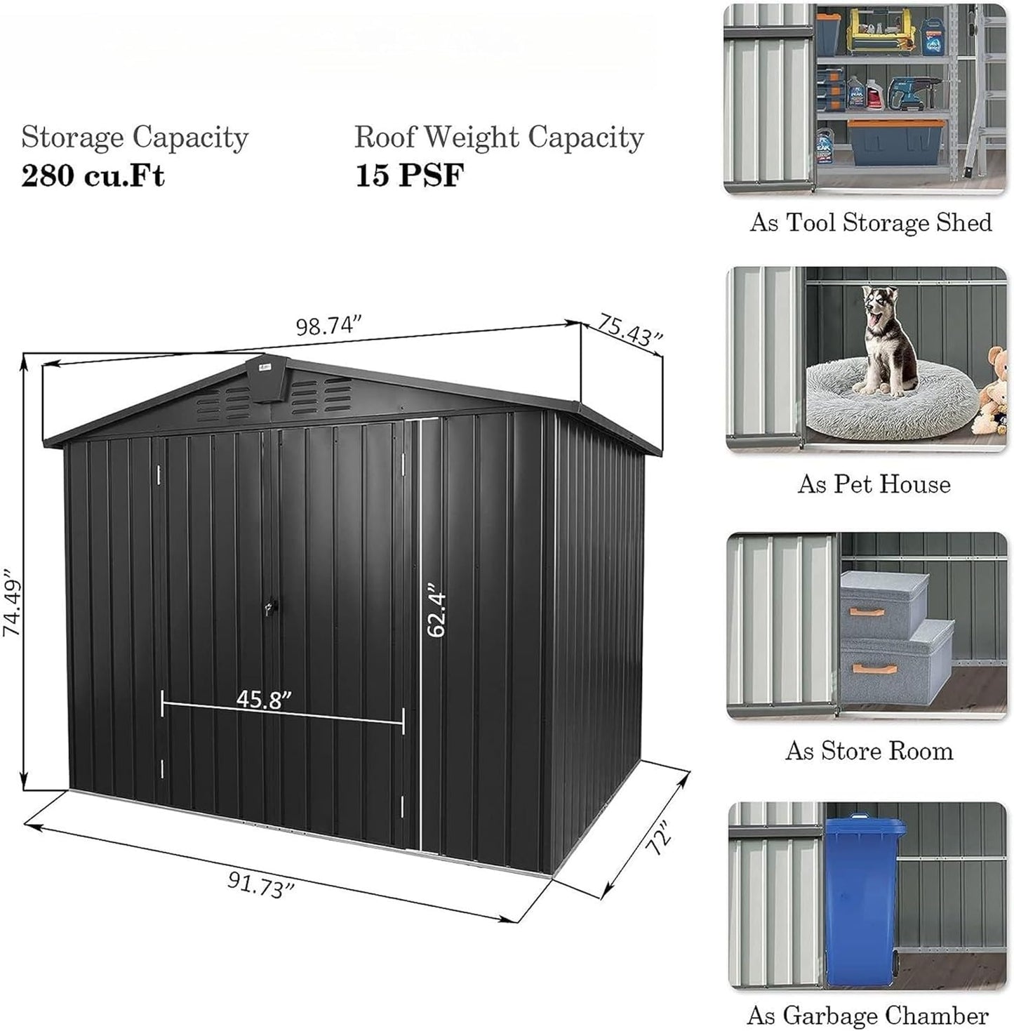 IKERY Galvanized Steel Storage Shed - 8.2' x 6.2' with Lockable Door, Large Metal Garden Shed for Bikes, Trash Cans and Outdoor Storage, Suitable for Backyard and Patio, Dark Gray