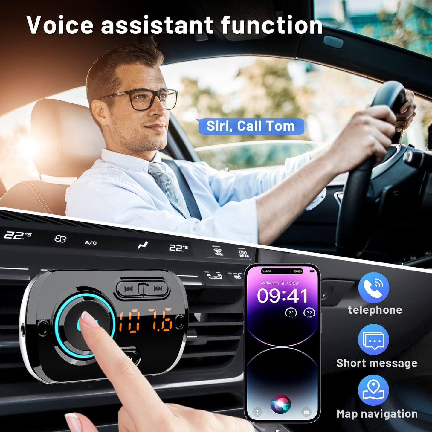 Bluetooth FM Transmitter for Car, Wireless Radio Adapter Car Music Player Receiver with Bluetooth FM Frequency Support Hands Free Call,Charger Dual USB Port,TF Card/AUX