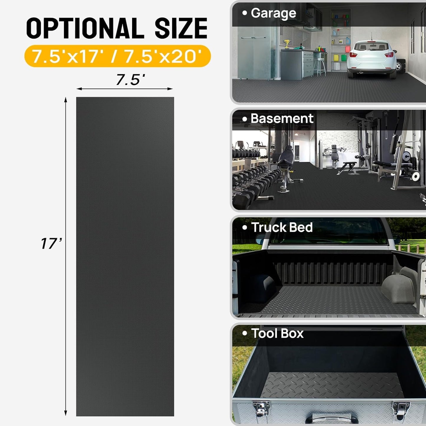 TUFFIOM 7.5 x 17 FT Garage Floor Mat, Thickened Diamond Plate PVC Garage Mats Flooring Roll for Under Car, Garage Car Parking Mats for Compact SUVS, Sports Car