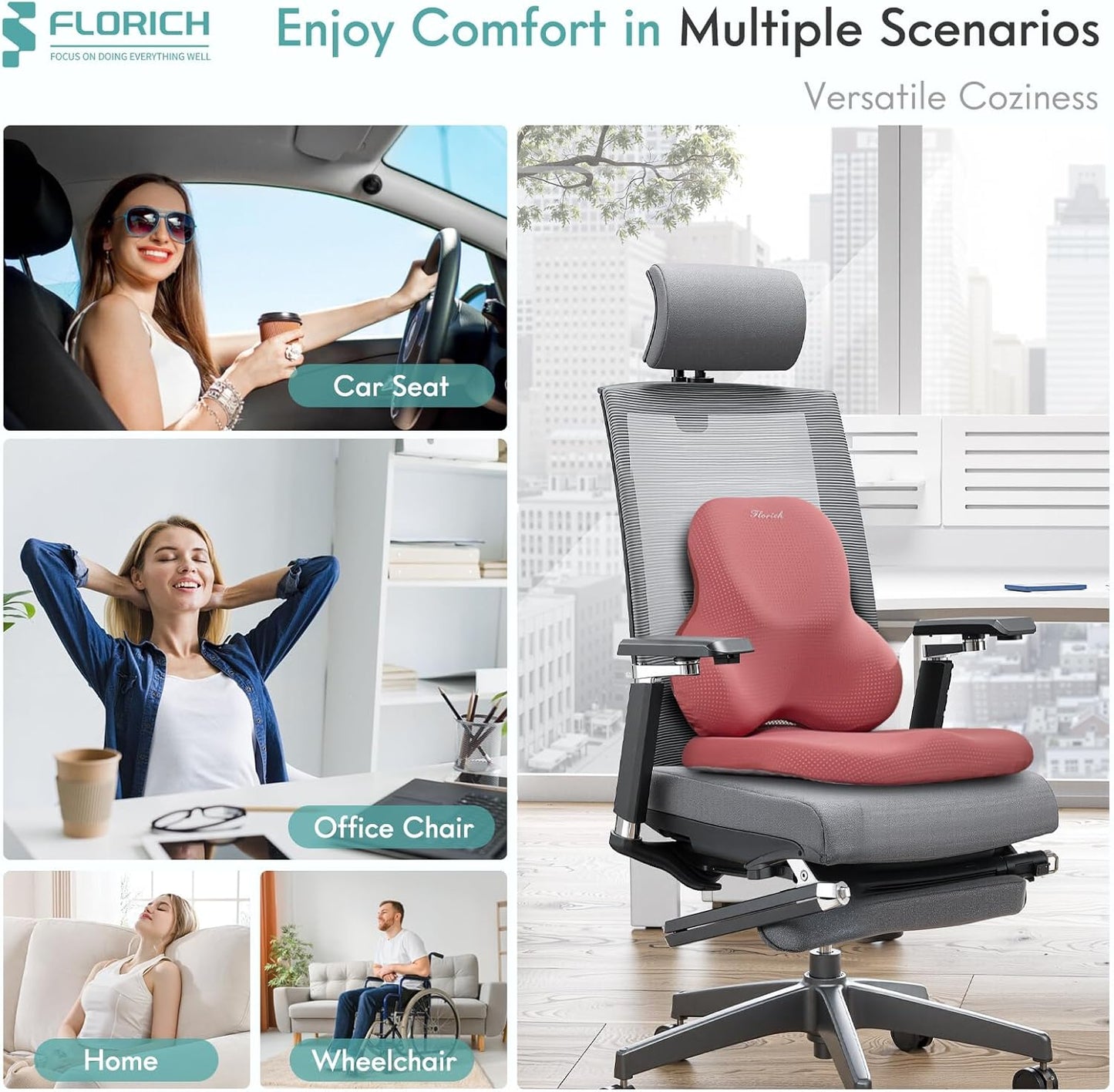 FLORICH Car Seat Cushion and Lumbar Support Pillow for Office Chair Car, Ergonomic Memory Foam, Relieves Back Sciatica Pain, Pressure-Relieving Back Support for Car, Office Chair & Wheelchair - Red