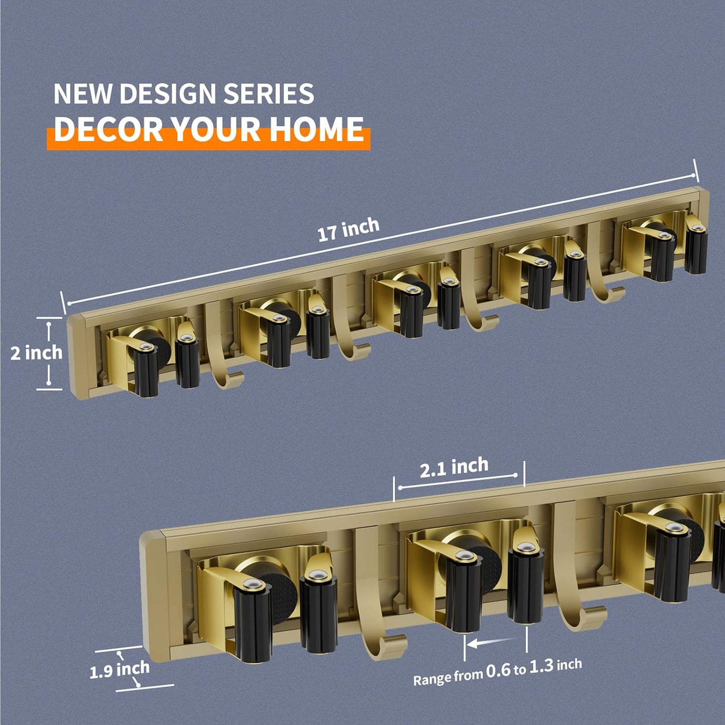 Broom Holder Wall Mount Mop and Broom Hanger Wall Mounted Garage Storage Rack Kitchen Garden Tool Organizer (5 Racks with 4 Hooks, Bronze)