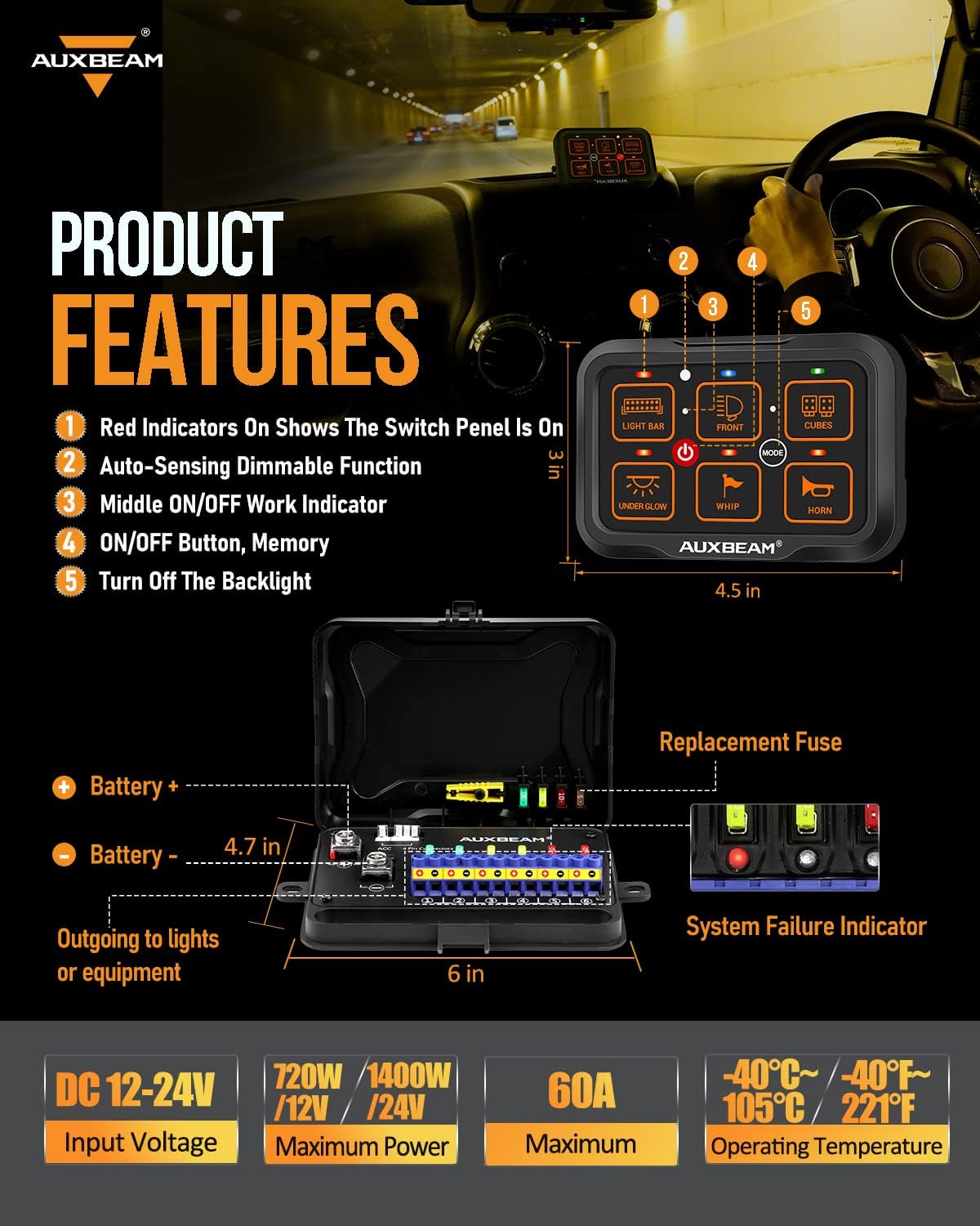 Auxbeam 6 Gang Switch Panel Bluetooth RGB AR-600 with Toggle Momentary Pulsed Modes Multifunctional Switch pod with Manual and Automatic Backlit Control Boat Switch Panel for Truck Car ATV Waterproof