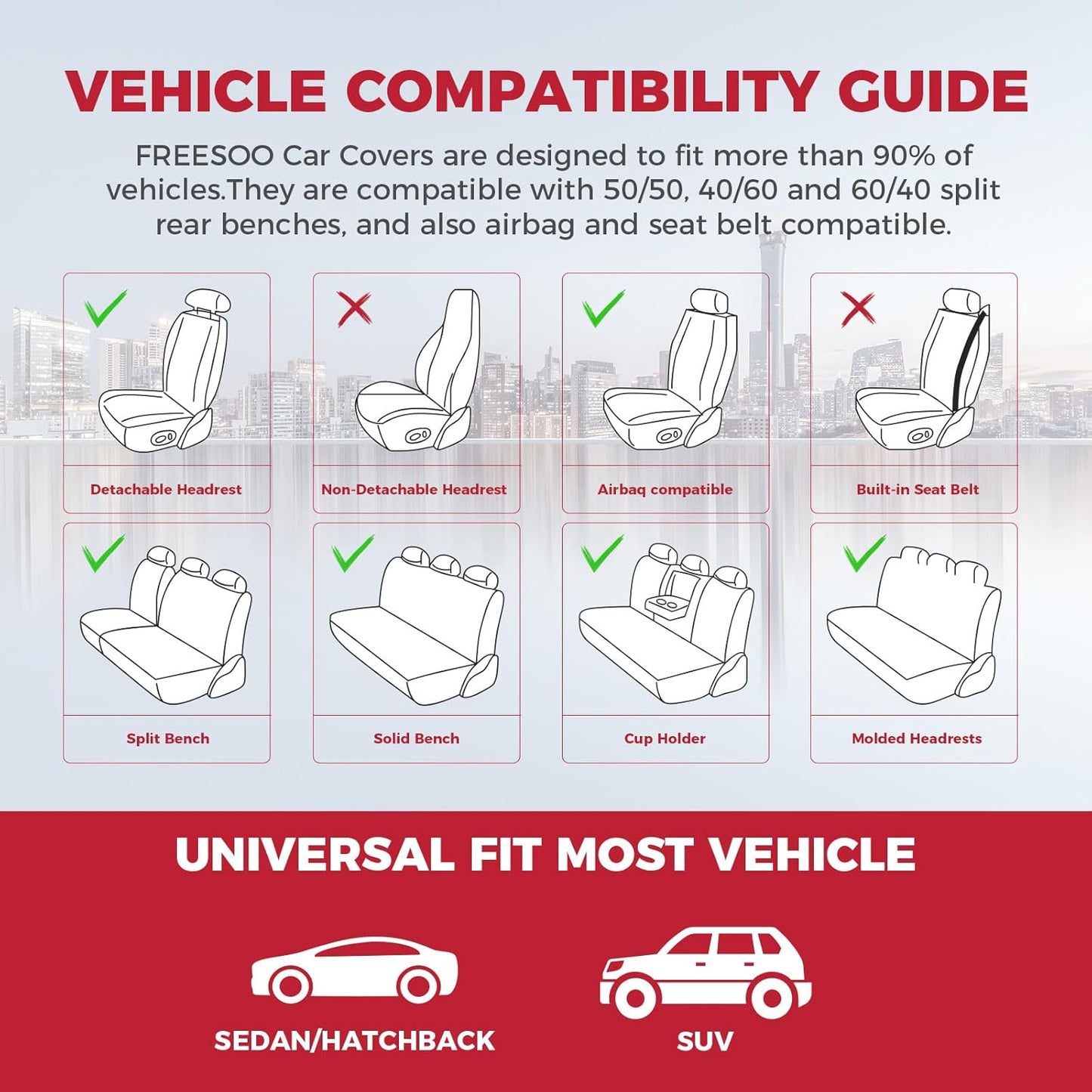 FREESOO Car Seat Covers Full Set,Waterproof Automotive Seat Covers, Leather Cars Interior Covers, Seats Protection Universal fit Babies & Adult (Black Beige)