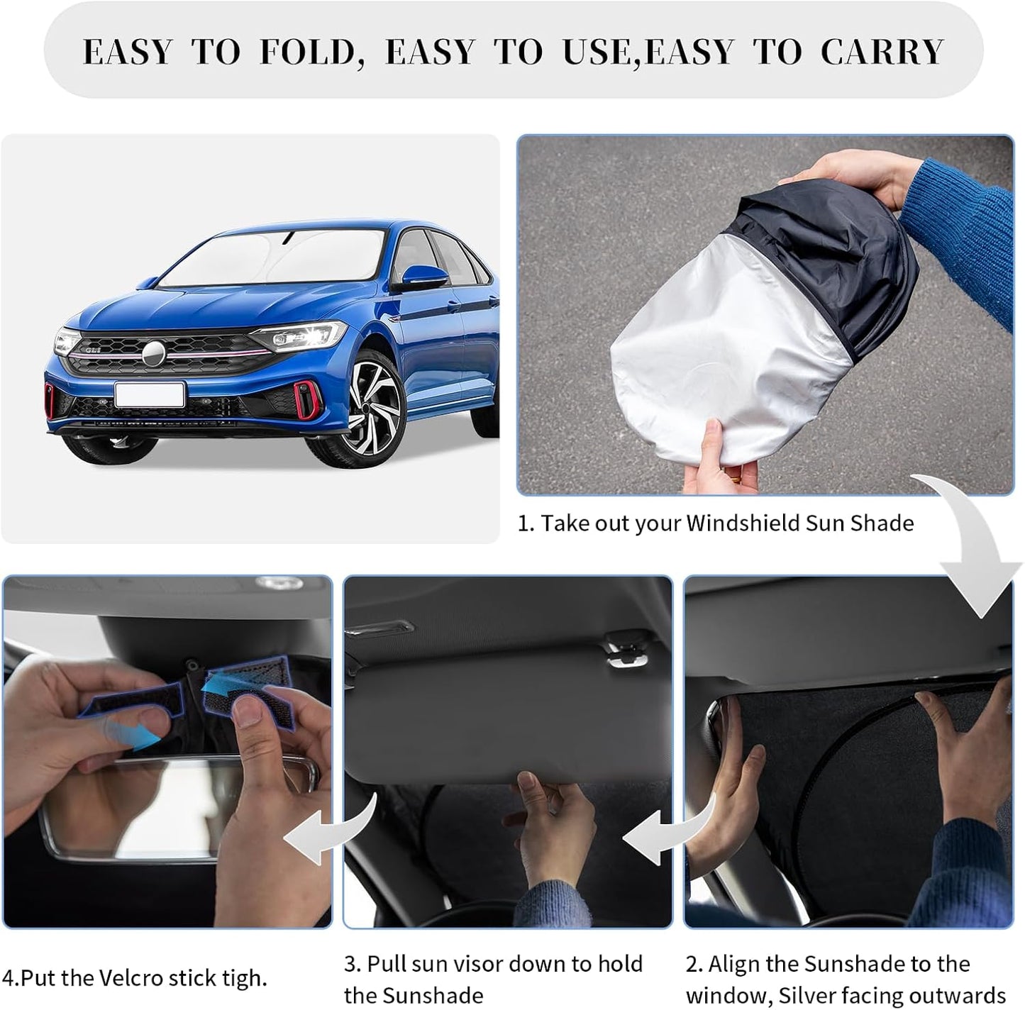 Sun Shade Sunshade for Volkswagen Jetta Windshield Cover, 4-Layer Front Window Shade Custom fit VW Jetta 2019-2024 2025 Sun Visor 240T Retractable Shade Blocks UV Rays Cooler Car Accessories