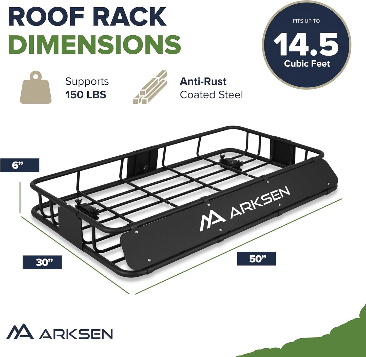 ARKSEN 30 x 50 x 6 Inch Universal Extra Wide 150LB Heavy Duty Roof Rack Cargo with Cargo Net, Car Top Luggage Holder Carrier Basket for SUV, Truck, & Car Steel Construction