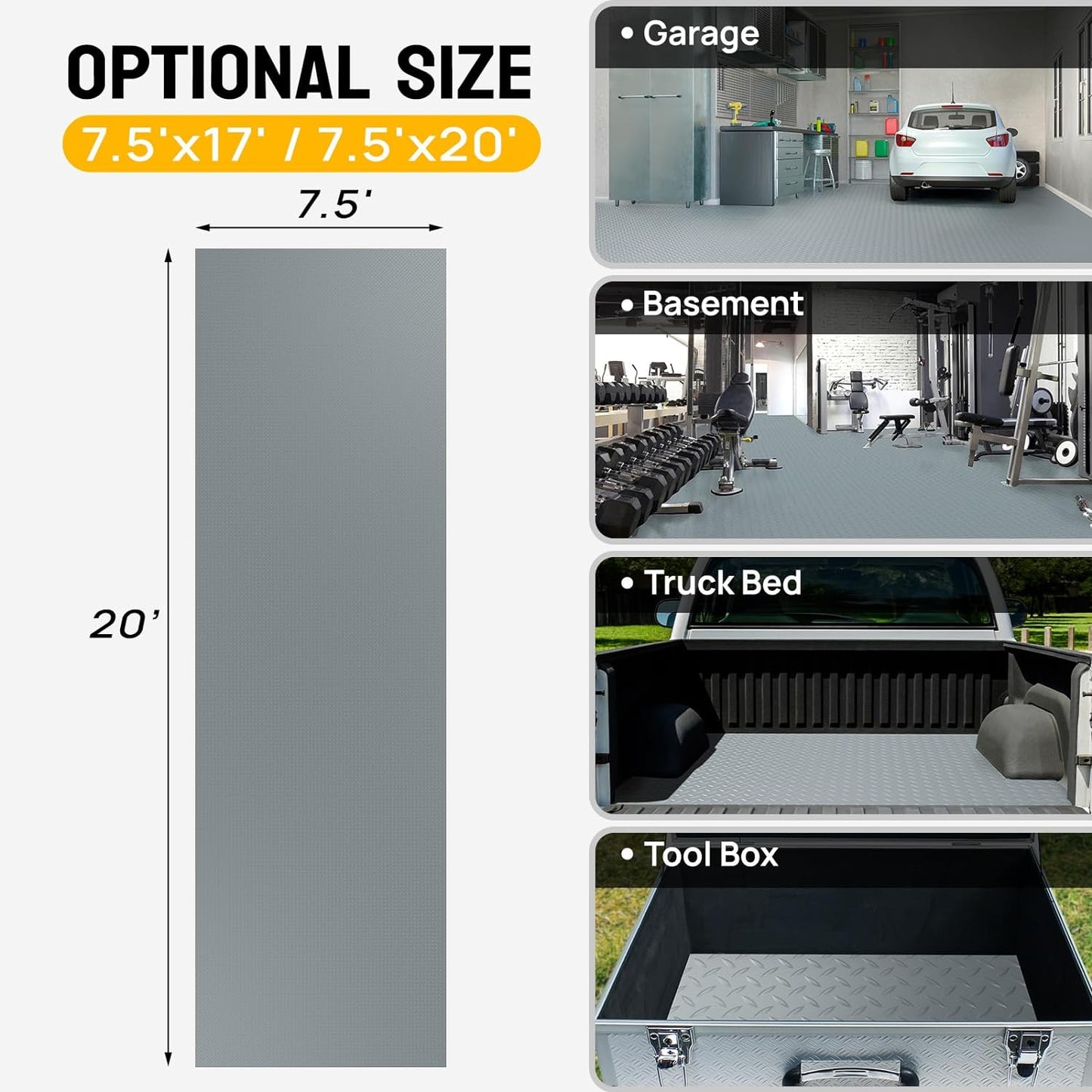 TUFFIOM 7.5 x 20 FT Garage Floor Mat, Thickened Diamond Plate PVC Garage Mats Flooring Roll for Under Car, Garage Parking Mats for Floor Large SUVs, MPV, Pickup Truck