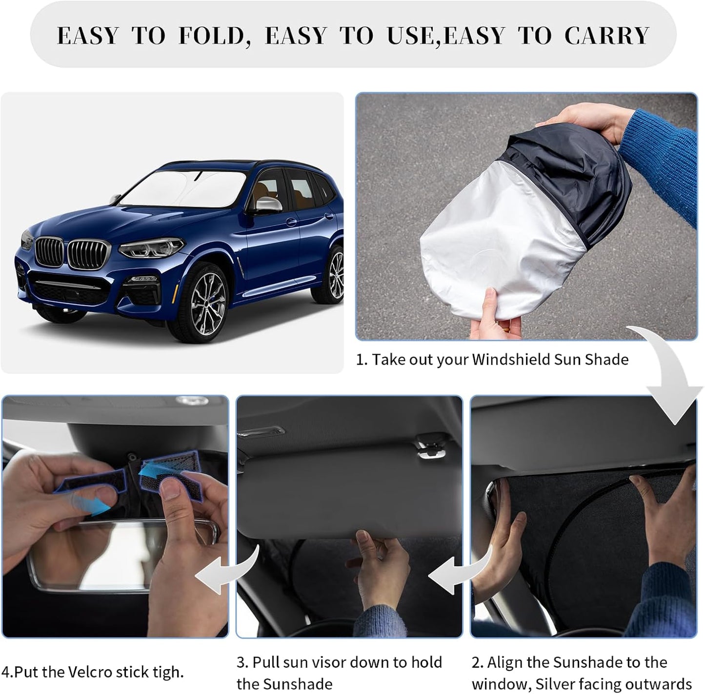 Sun Shade Sunshade for BMW X3 2018-2024 2025 Windshield Cover, 4-Layer Front Window Shade Custom fit X3 Base, xDrive28i, xDrive35i, M Sport SUV Sun Visor 240T Shade Blocks UV Rays Car Accessories