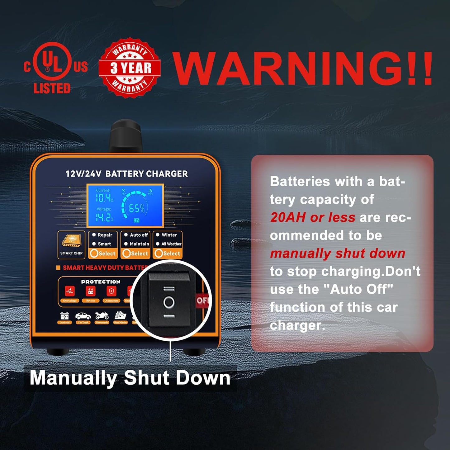 SolaMr 12V 24V Heavy Duty Car Battery Charger, 0-20A Trickle Charger for Car Truck Motorcycle Lawn Mower Battery AGM, Metal Case Smart Battery Maintainer with Automatic Shutoffs, Repair, Winter Mode