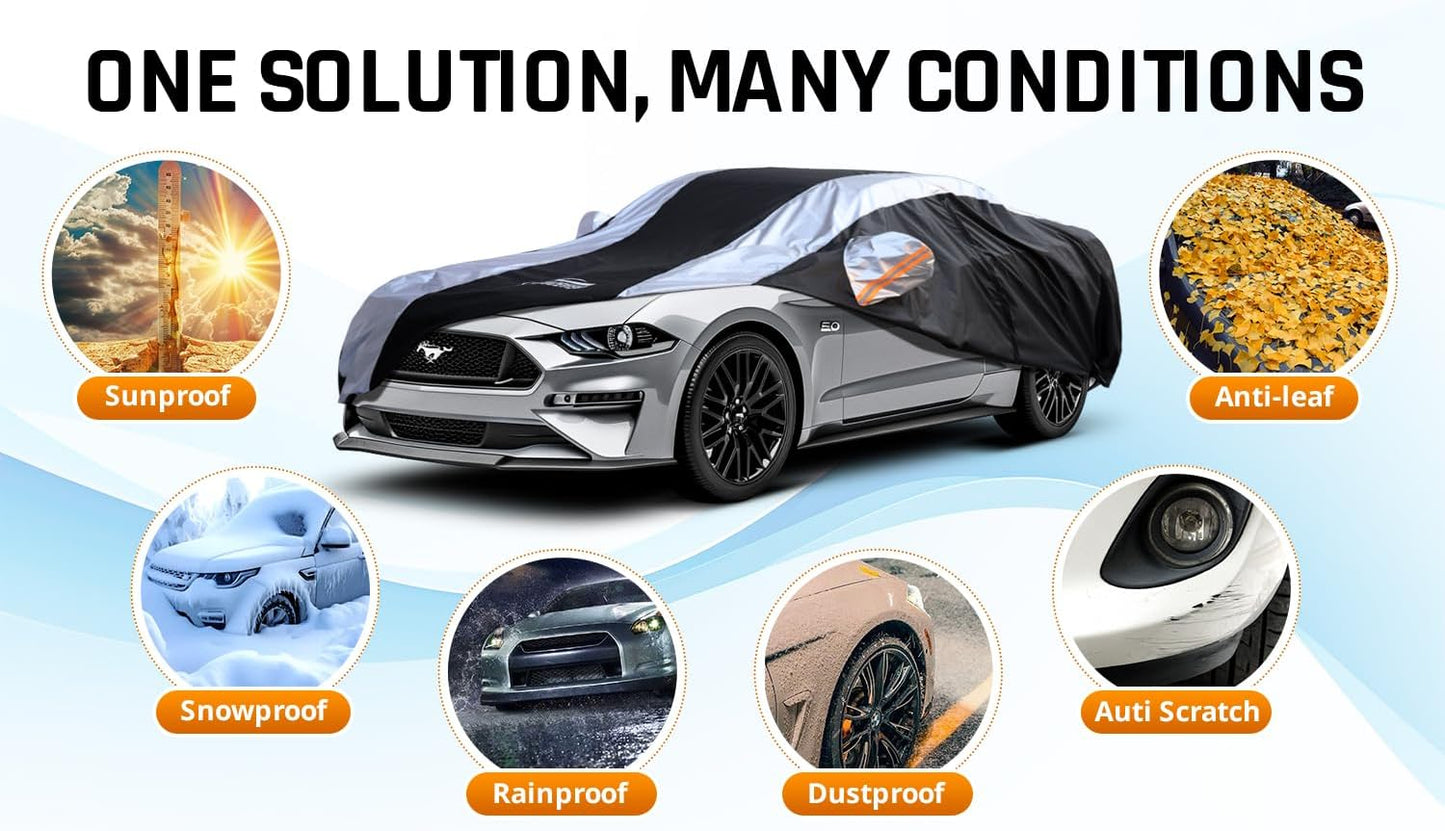 Mustang Car Cover Waterproof All Weather with Silver Strip Design, Custom Fit for Ford Mustang 1994–2025, Mustang Accessory with Door Zipper & Windproof Straps