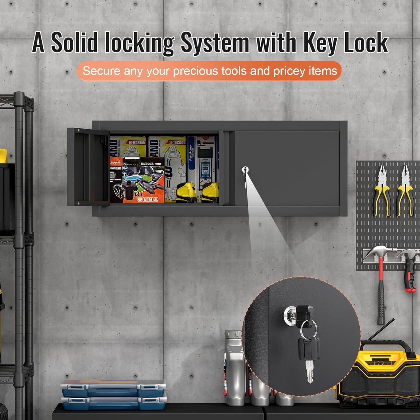 LUCYPAL Garage Storage Cabinet,Metal Wall Storage Cabinet with Locking Doors for Workshop,Kitchen,Steel Tool Hanging Cabinets for Warehouse,Home Office,Black,12.8''H